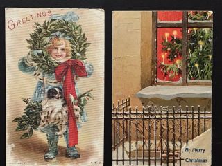 2 Antique Christmas Postcards: 1908 Linen & Early 1900 German Feather Tree Aafa