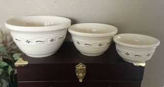 Set Of 3 Longaberger Pottery Blue Woven Traditions Heritage Mixing Bowl Set