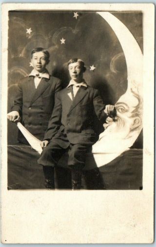 Vintage Paper Moon Rppc Real Photo Postcard Two Boys Brothers In Suits C1910s