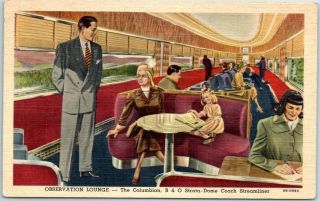 1949 B&o Railroad Postcard " Observation Lounge - The Columbian Train " Linen