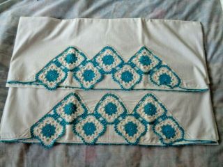 Vintage Handmade Crochet Blue White Lace Pillow Cases Cotton 20 X33 In