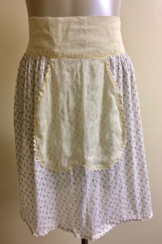 Vintage Floral 1950s Half Apron Sheer Yellow & White Front Pocket