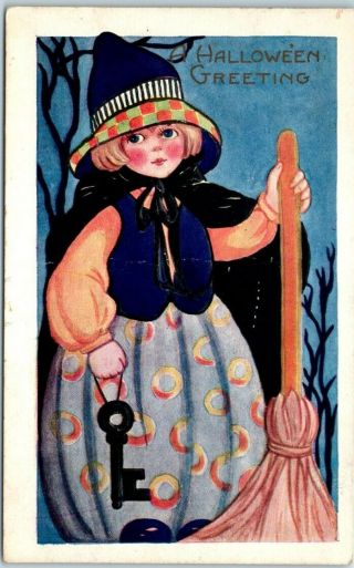 1910s Whitney Halloween Greetings Postcard Girl Witch Costume Broom Key
