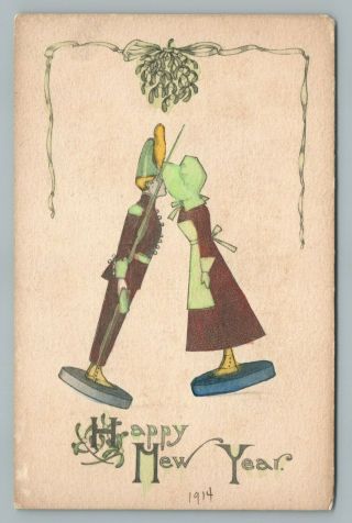 Kissing Wooden Soldier Toys—hand Colored Arts & Crafts Christmas Nye 1914