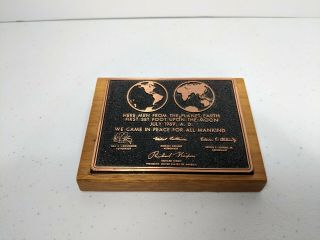 Vintage Nasa 1969 Apollo 11 1st Lunar Landing Plaque Image Wood & Bronze
