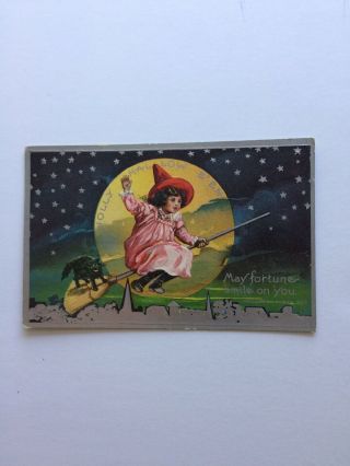 Antique Halloween Postcard Embossed Girl Riding Broom With Black Cat