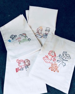 Hand Embroidered Christmas Tea Towels,  Set Of 4