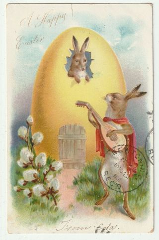 Rabbit W/ Cape Playing Mandolin To Rabbit In Egg Tuck & Son Easter Postcard 1906