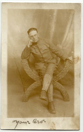 Wwi U.  S.  Army Soldier,  " Your Bro " Louisville 1917 Real Photo Postcard Rppc Chair