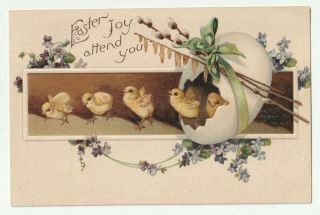 Chicks Coming Out Of Egg Decorated W/ Green Ribbon & Pussywillow Easter Postcard