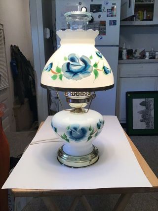 Vintage Hand Painted Blue Wild Rose Flower Hurricane Table Lamp W/beaded Chim