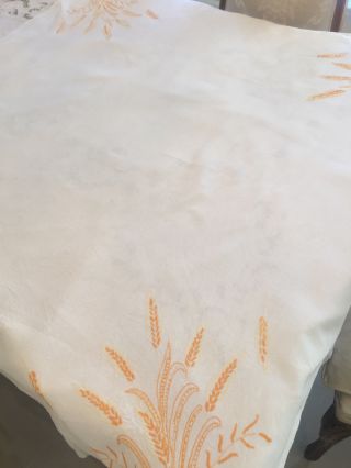Vtg Tablecloth White Linen Hand Embroidered Wheat Flowers - Perfect Fall Decor