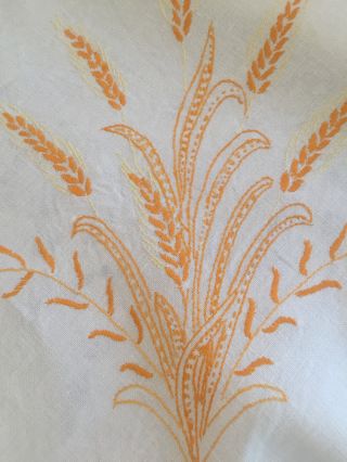 Vtg Tablecloth White Linen Hand Embroidered Wheat FLOWERS - PERFECT FALL DECOR 3