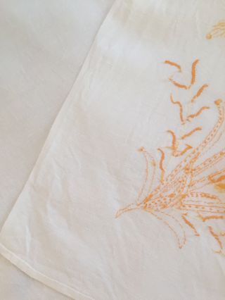 Vtg Tablecloth White Linen Hand Embroidered Wheat FLOWERS - PERFECT FALL DECOR 4