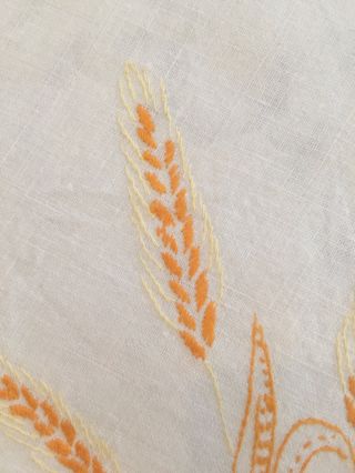 Vtg Tablecloth White Linen Hand Embroidered Wheat FLOWERS - PERFECT FALL DECOR 5