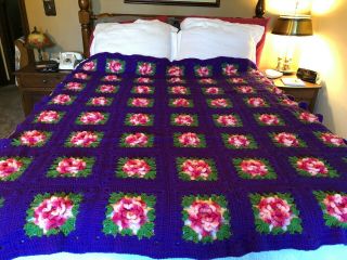 Handmade Afghan Blanket Crochet 3d Rose Granny Square 67 X 60 Purple Green Pink