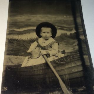 Rare Antique Victorian American Child,  Row Boat & Bucket Studio Tintype Photo