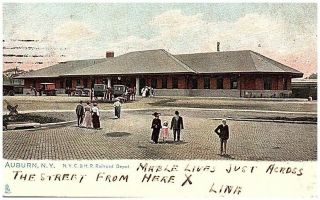1907 Postcard View Of Central & Harlem Rr Station Depot Auburn Ny