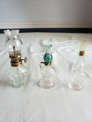 Set Of 3 Vintage Unique Miniature Glass Oil Lamps - Assortment