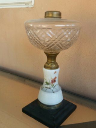 Antique Oil Lamp,  Hand Painted Porcelain Metal Base Glass Font