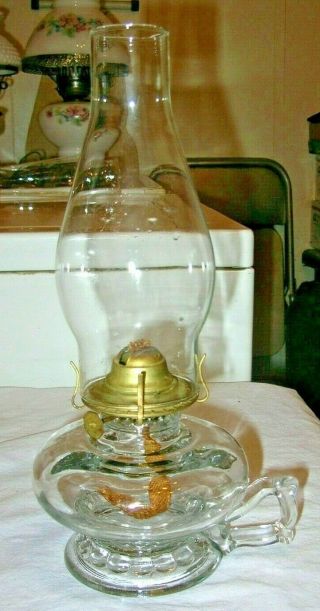 Antique Kerosene Oil Finger Hold Handle Lamp No 1 Eagle Burner & Chimney