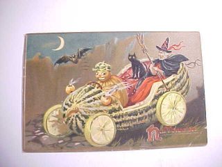 1908 Halloween Postcard Witch & Black Cat In Strange Vehicle By Raphael Tuck Vg,