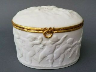 French Limoges White Embossed Porcelain Gilt Ormolu Hinged Table Box Cherubs