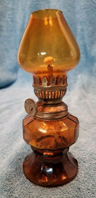 Vintage Miniature Oil Lamp Amber Glass 7 Inches Tall Unique Amber Chimney