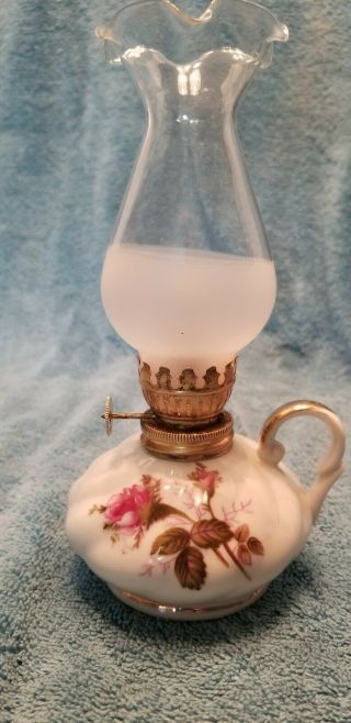 Vintage Antique Miniature Kerosene Finger Lamp Porcelain Hand Painted Gold Leaf