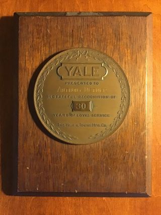 Vintage Yale & Towne Mfg.  Co.  Brass 35 Years Of Service Award Mounted Plaque