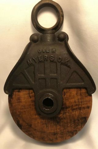 Vintage Myers O.  K.  Barn Wood Pulley Block & Tackle H310 H311 Rustic Decor