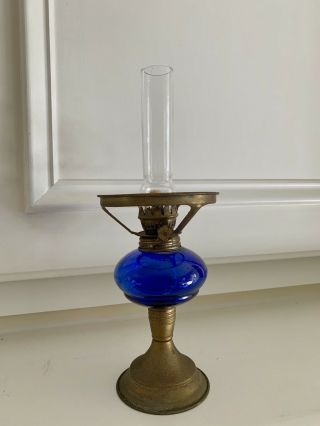 Vintage/antique Cobalt Blue Glass Kerosene Oil Lamp With Blue Chimney 15” Tall