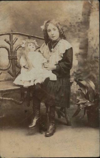 Dolls Rppc Young Girl With A Doll Real Photo Post Card Half Penny Stamp Vintage