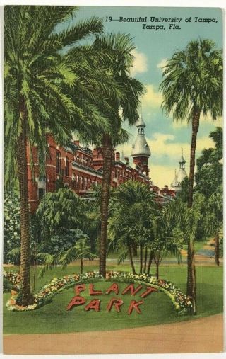 University Of Tampa Florida Fl Plant Park Vintage Linen Postcard