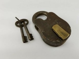3.  5 " Vintage Antique Style Lock,  Iron With Brass Keyhole Cover,  Padlock & 2 Keys