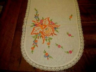 Vintage Hand Embroidered Crocheted Floral Table Dresser Runner 13 X 21 "