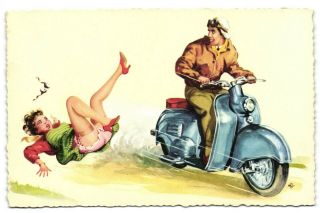 Girl Falls Of Scooter Vespa Pinup Sexy Artist Postcard