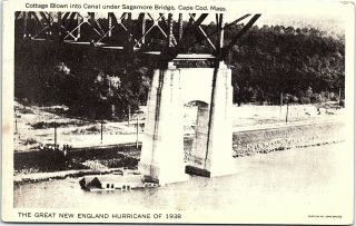 Ma Postcard Cape Cod Mass Cottage Blown Under Sagamore Bridge Hurricane Of 1938
