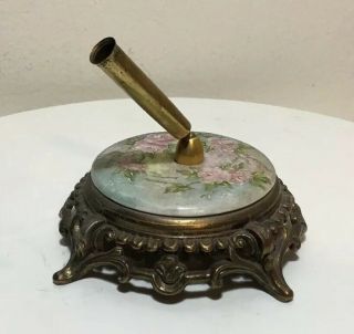 Antique Nicely Ornate Victorian Cast Iron Pen Holder Blue Sky And Pink Roses