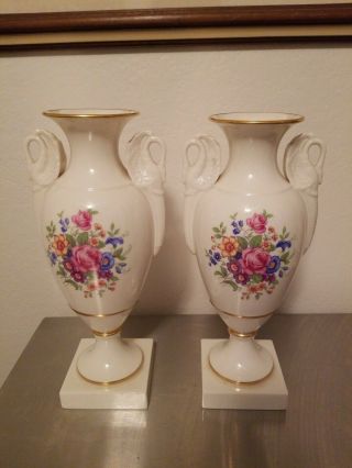 Vintage Lenox Ivory Vases (pair) W/ Swan Handles Lenox Rose Design Old Blue Mark