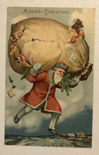 Santa Claus With Giant Sack Of Toys Antique Embossed Christmas Postcard - C700
