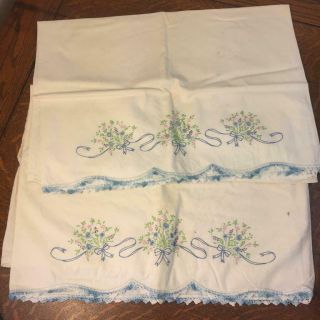 Vintage Hand Embroidered Pillow Case Set 2 Blue Flowers Floral Pair Crochet Trim