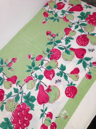Vintage Green And White Table Cloth With Fruit 46 " X 45 " Strawberries Grapes