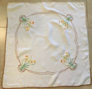 Vintage Small Tablecloth,  Daffodils & Leaf Embroidery,  Hand Stitched Edge,  Linen