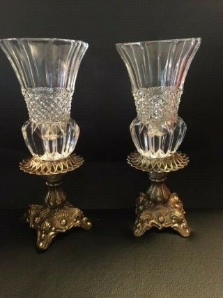 Vintage Hollywood Regency Brass And Crystal Tall Candle Holders