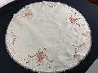Vintage Round Hand Embroidery Flower Baskets Tablecloth