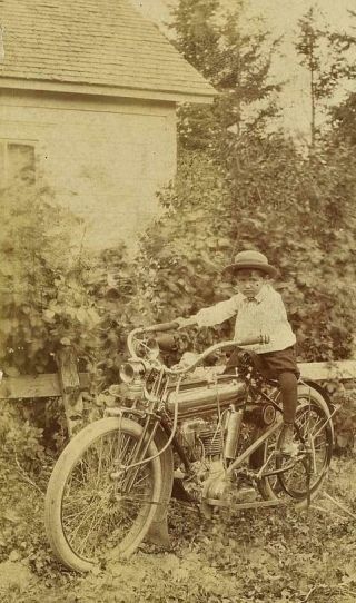 Young Boy On 1910s Motorcycle Harley / Indian ? Real Photo Postcard Rppc Trimmed