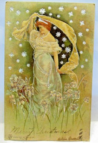 1905 Postcard Lovely Lady In Field Of Silver Stars