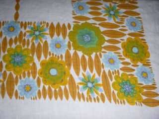 Vtg Linen Tablecloth Mod Floral Gold Blue Green 48 X 70 Cutter