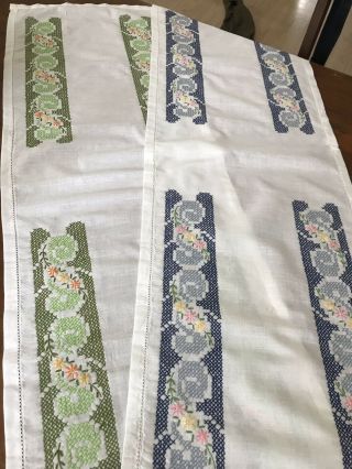 Vintage Linen Table Runner Dresser Scarf Embroidered Blue & Green Set Of 2 (11)